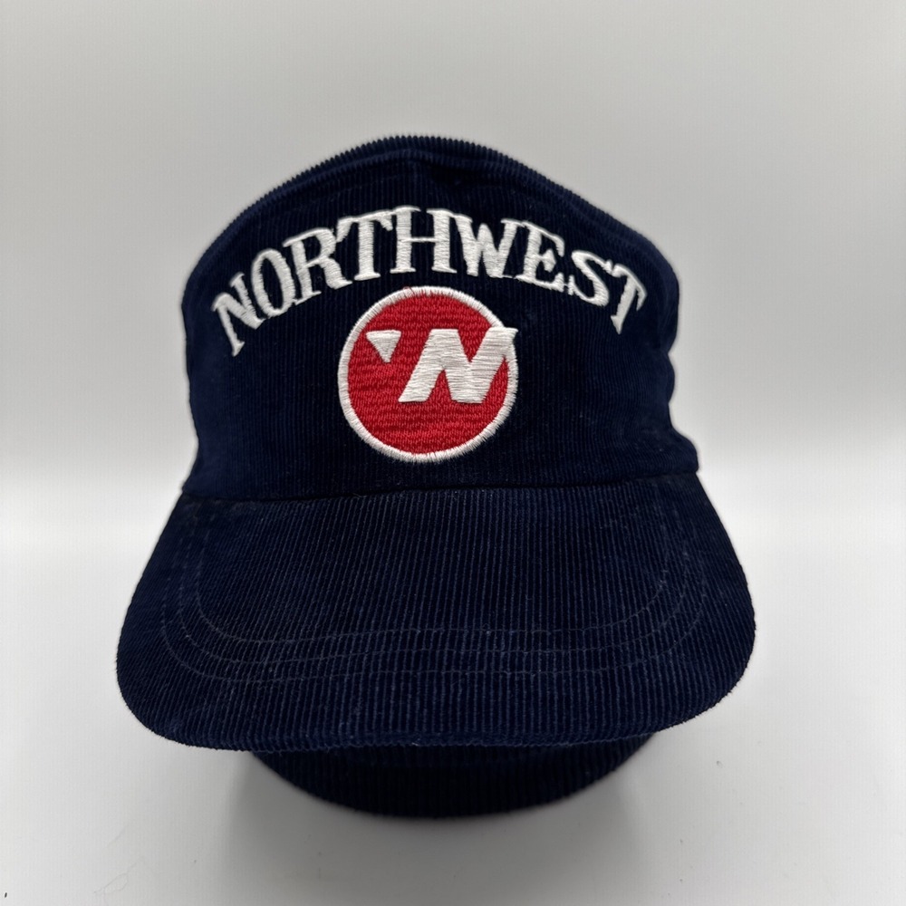 Vintage Northwest Airlines Corduroy Snapback Hat Cap Navy Blue USA Made Logo